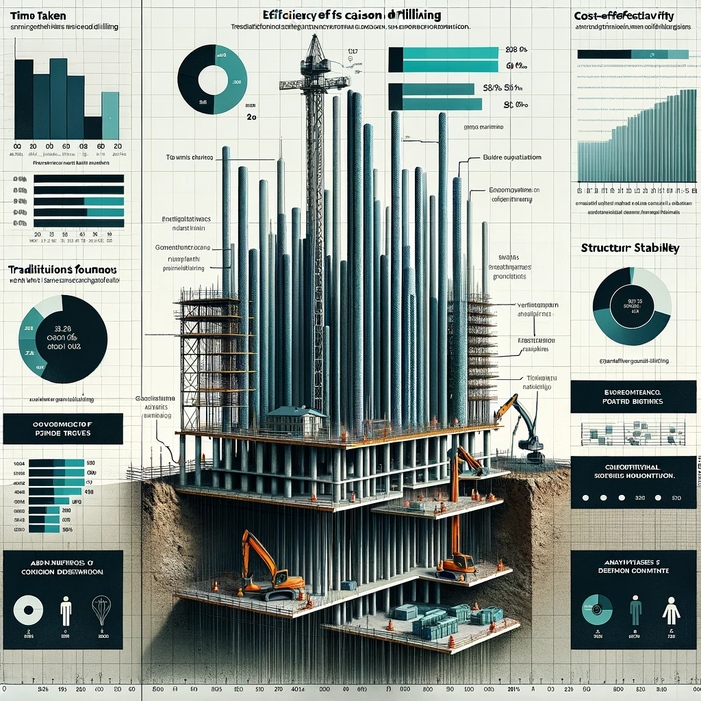 A chart comparing the efficiency of caisson drilling with traditional methods, showing statistical data and annotations.