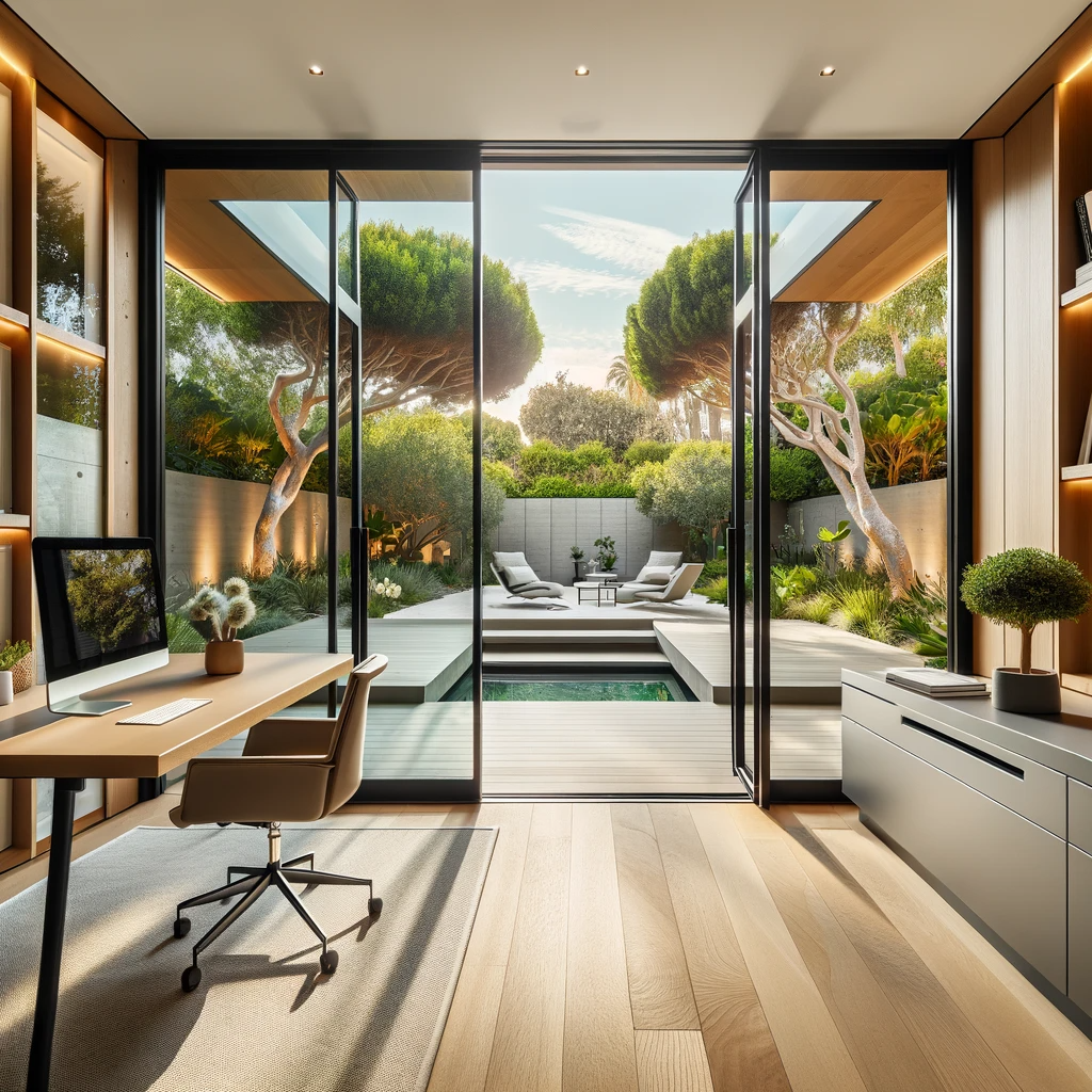 Modern home office in San Diego with large pivot-style glass doors opening to a garden.