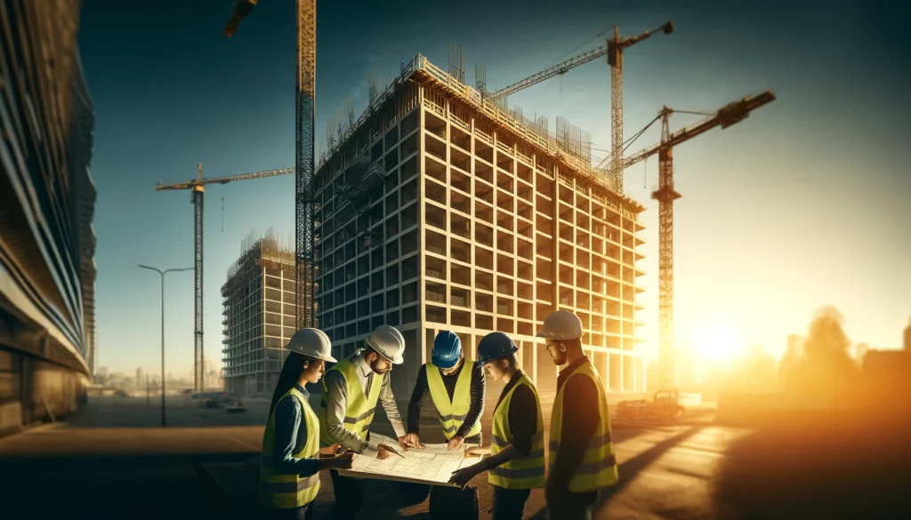 A diverse team of construction professionals in hard hats and safety vests reviewing blueprints at a construction site with a completed modern building in the background. Cranes and scaffolding are visible under a setting sun.