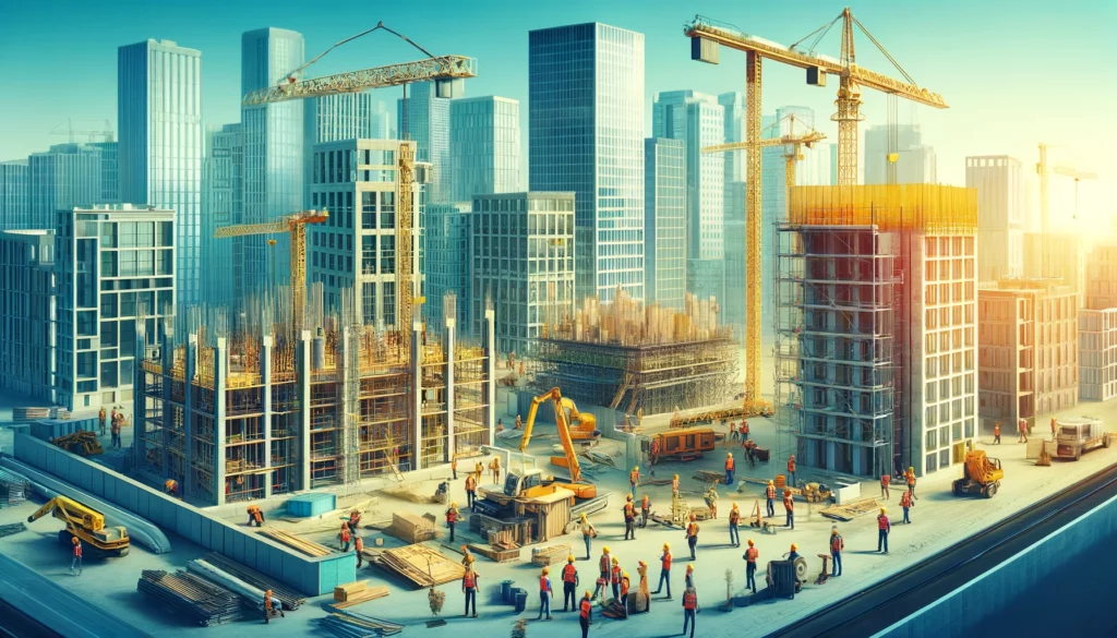 A vibrant cityscape with multiple active construction sites, featuring workers, cranes, scaffolding, and partially constructed buildings, with completed modern buildings in the background.