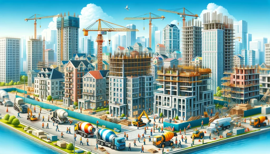 A cityscape showing diverse construction projects, including residential buildings, commercial high-rises, and historical renovations, with cranes, scaffolding, and construction workers in safety gear.