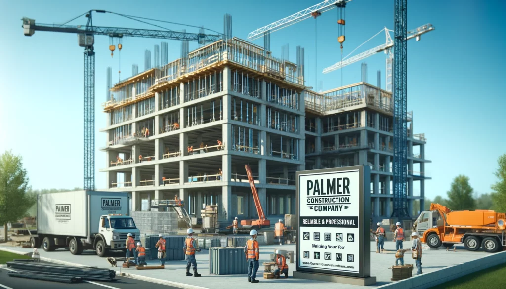 A well-organized construction site with workers in safety gear building a modern commercial structure, featuring cranes and scaffolding.