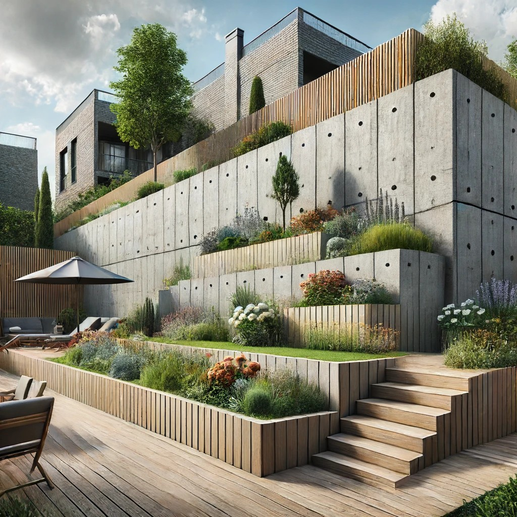 A textured cement retaining wall with a weathered look, integrated into an urban backyard. The wall supports a tiered garden filled with colorful flowers and shrubs, alongside wooden decking and modern outdoor furniture.