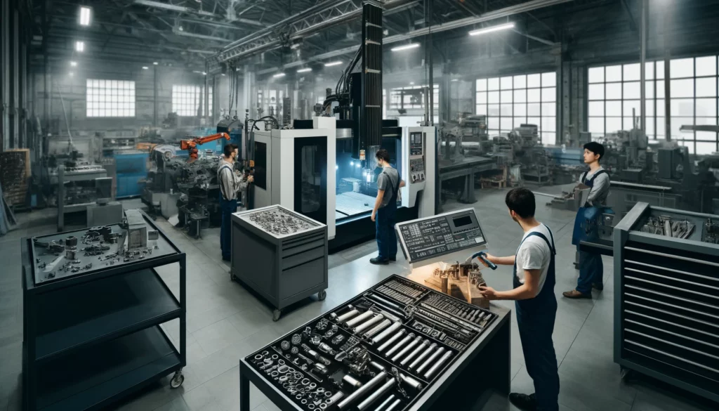 A modern metal fabrication workshop with skilled workers operating advanced machinery.