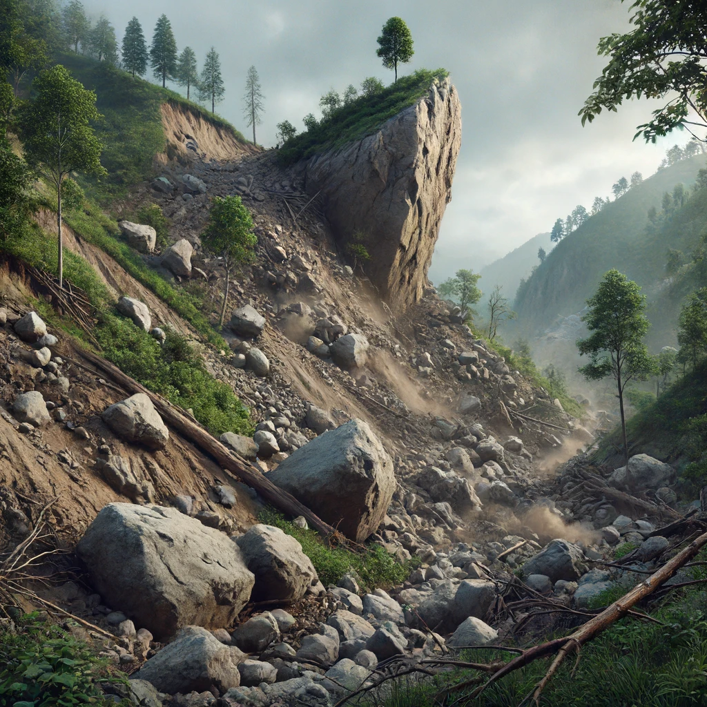 a mountain slope after a landslide, with large rocks precariously balanced on loose soil and debris. The area shows significant soil displacement, with some trees and plants still standing. The sky is overcast, creating a dramatic and somber atmosphere.